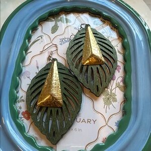 bohemian green and Gold Triangle & Olive Leaf Statement Earrings